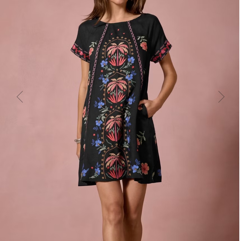 Johnny Was Black Floral Embroidered Mini Dress